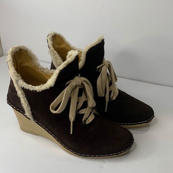 Bettye Muller brown suede fur trim lace-up wedge ankle booties - Picture 1 of 10